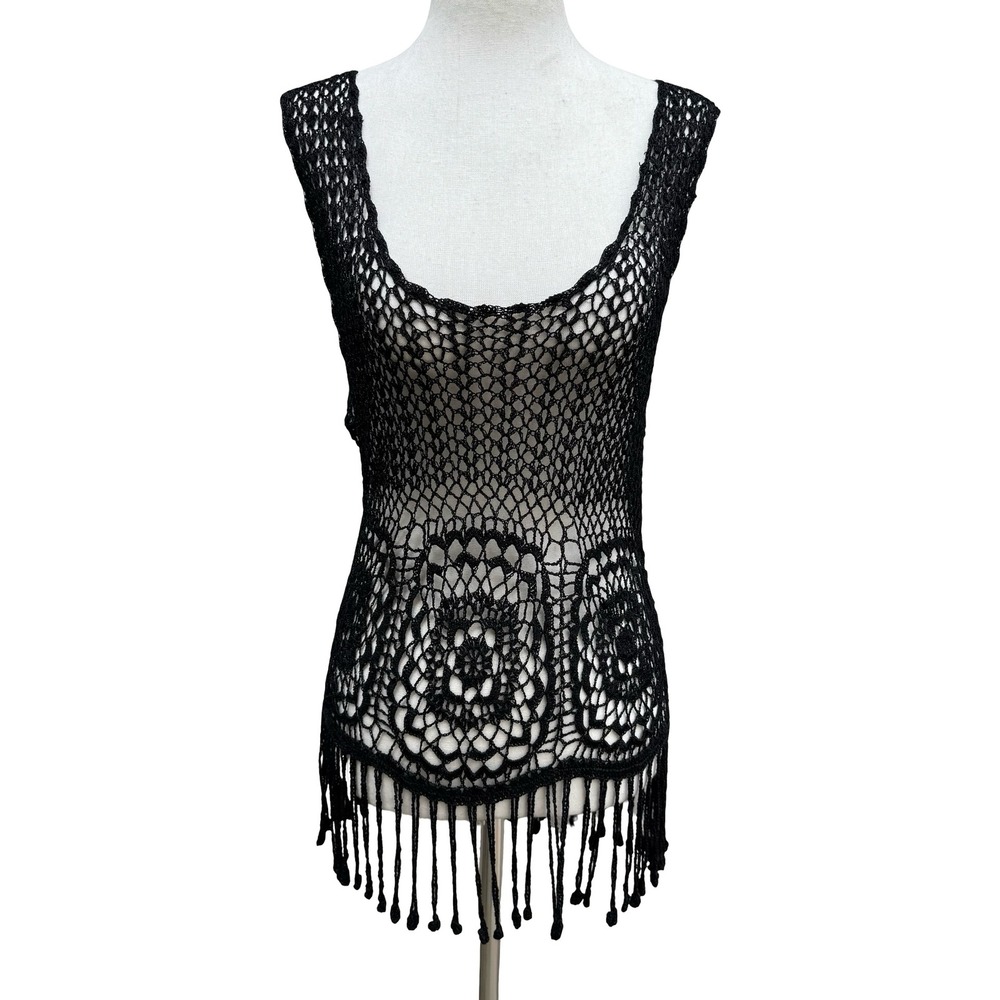 IDI Boho Festival Beachwear Coverup Hand Crochet Fringe Top Floral Open Knit L